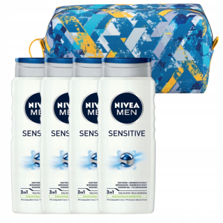 NIVEA MEN SENSITIVE Pánsky sprchový gél na umývanie 500ml x4 + kozmetická taštička
